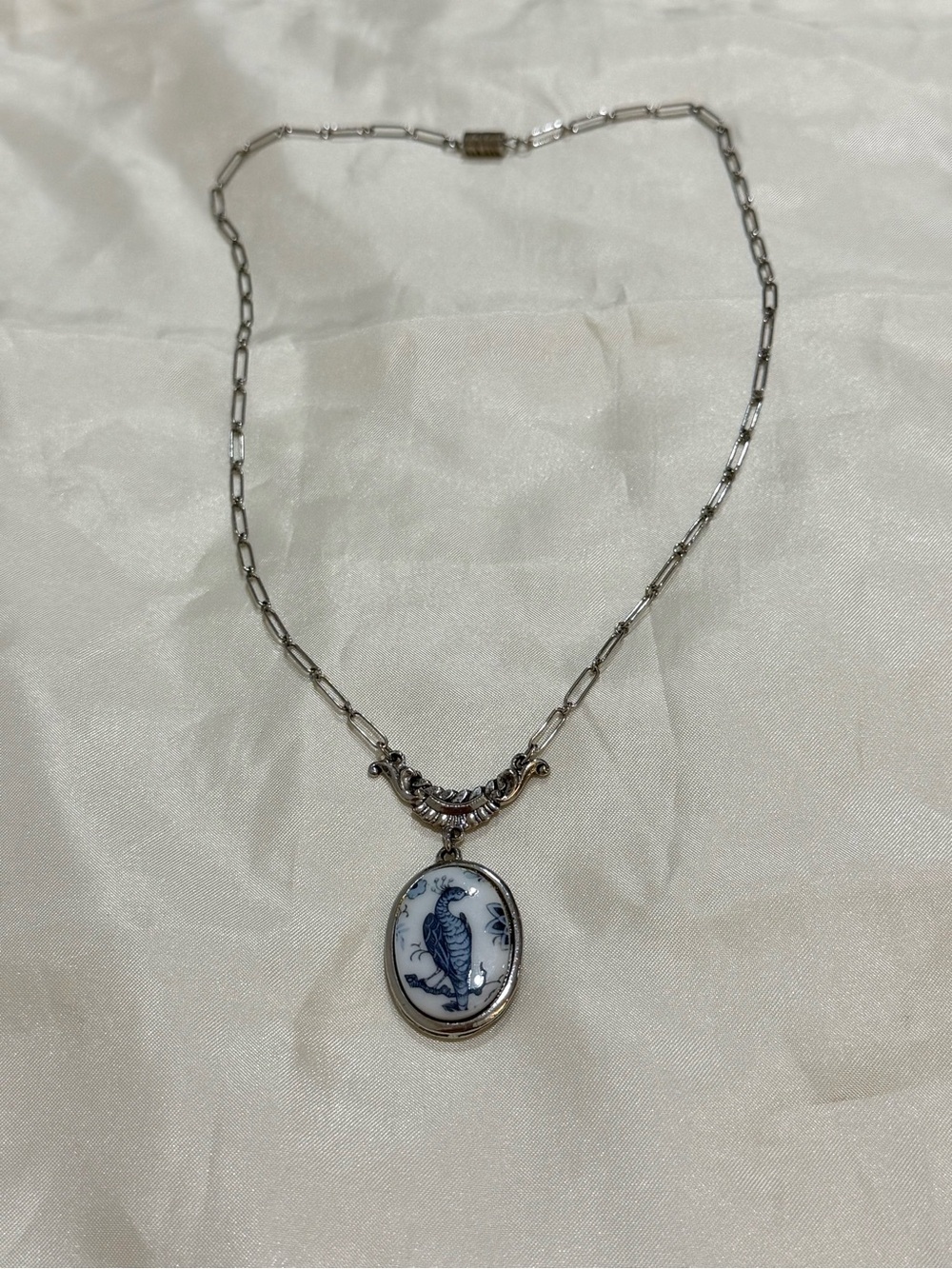 Blue Porcelain Bird Pendant Necklace in Silver Tone - Women Jewelry